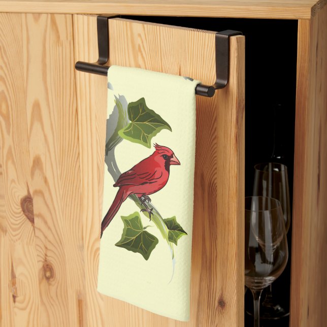 Cardinal on Branch with Ivy Leaves Tea Towel (Thirds Fold)