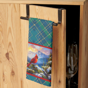 Cardinal on Green, Blue, Gold, Christmas Plaid Tea Towel