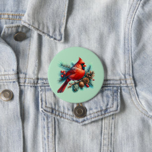 Cardinal on Pine Branch with Winter Berries 7.5 Cm Round Badge