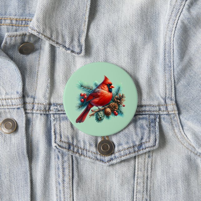 Cardinal on Pine Branch with Winter Berries 7.5 Cm Round Badge (In Situ)