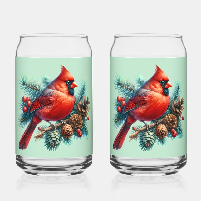 Cardinal on Pine Branch with Winter Berries Can Glass (Front)