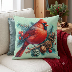 Cardinal on Pine Branch with Winter Berries Cushion