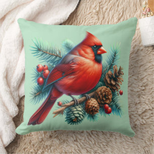 Cardinal on Pine Branch with Winter Berries Cushion