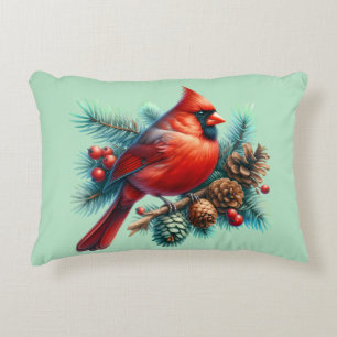 Cardinal on Pine Branch with Winter Berries Decorative Cushion