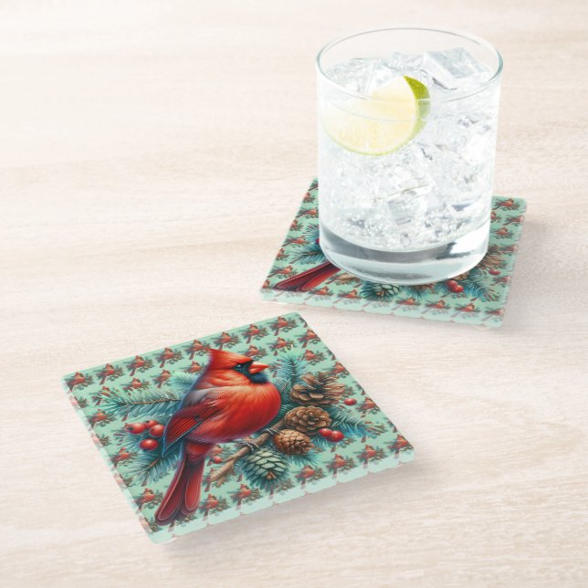 Cardinal on Pine Branch with Winter Berries Glass Coaster (Angled)