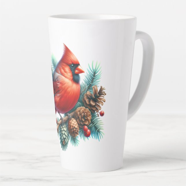 Cardinal on Pine Branch with Winter Berries Latte Mug (Right Angle)