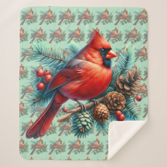 Cardinal on Pine Branch with Winter Berries Sherpa Blanket (Front)