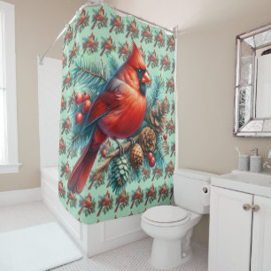 Cardinal on Pine Branch with Winter Berries Shower Curtain