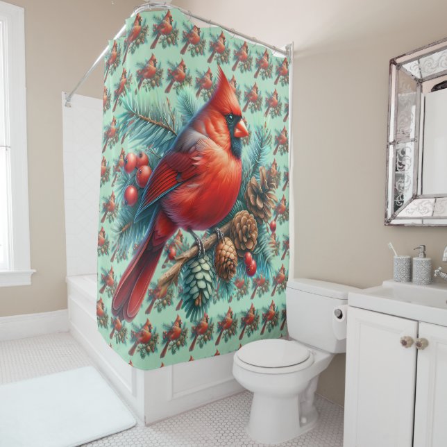Cardinal on Pine Branch with Winter Berries Shower Curtain (In Situ)
