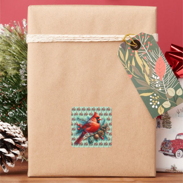 Cardinal on Pine Branch with Winter Berries Square Sticker (Holiday)