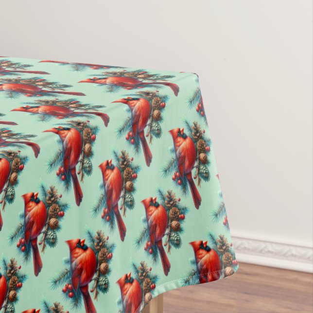 Cardinal on Pine Branch with Winter Berries Tablecloth (In Situ)