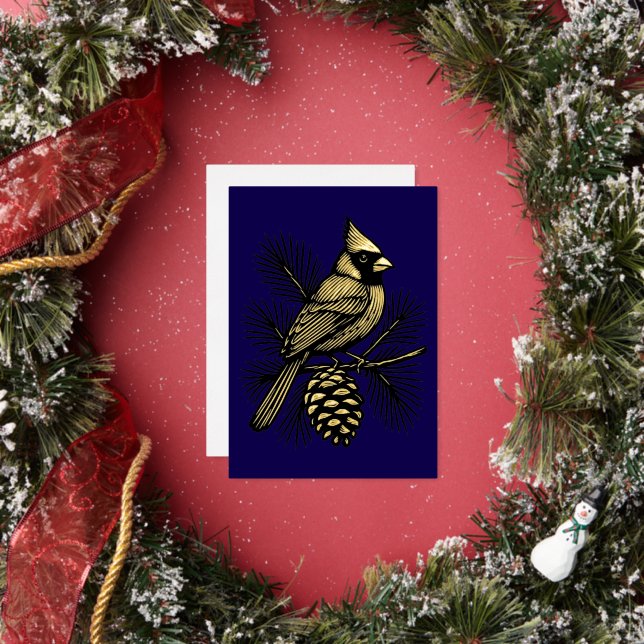 Cardinal On Pine Tree With Pinecone Christmas Foil Holiday Card (Insitu)