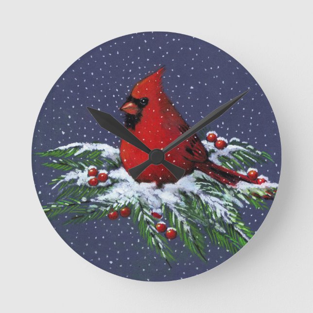 Cardinal on Snowy Pine Branch: Christmas: Artwork Round Clock (Front)