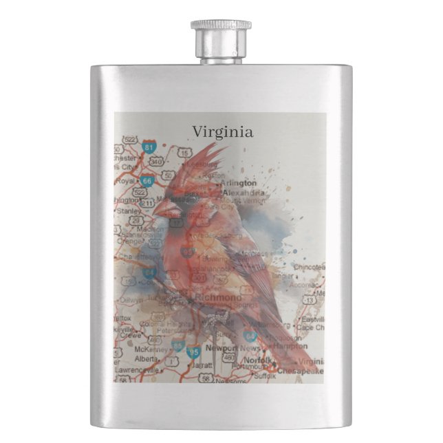 Cardinal on Virginia Road Map Hip Flask (Front)