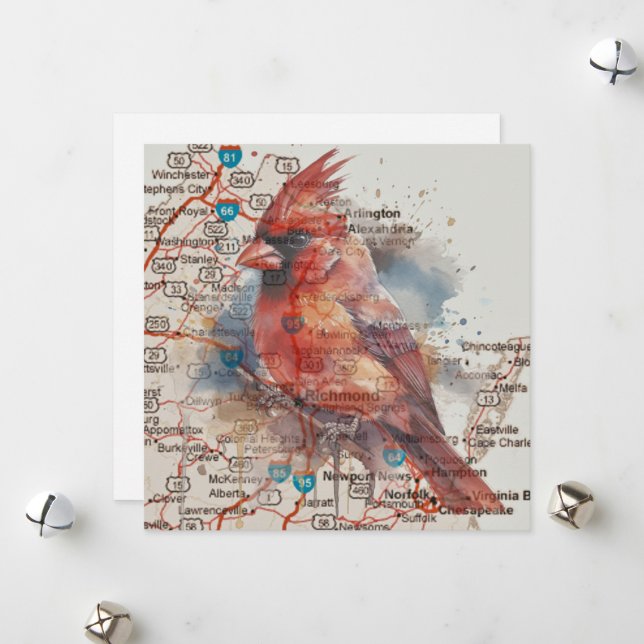 Cardinal on Virginia Road Map Holiday Card (Front/Back In Situ)