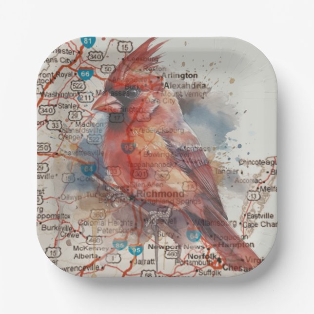 Cardinal on Virginia Road Map Paper Plate (Front)