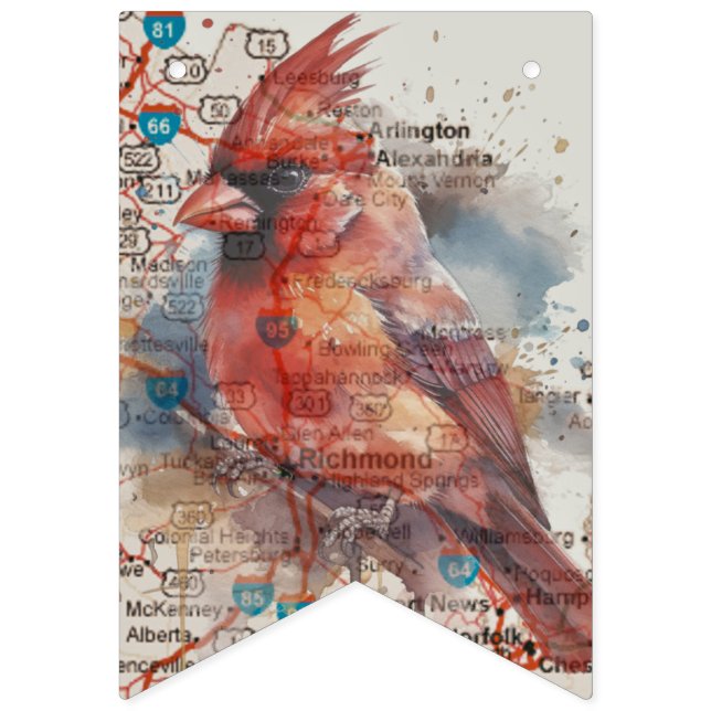 Cardinal on Virginia Road Map Watercolor Art Bunting (First Flag)