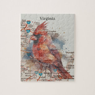 Cardinal on Virginia Road Map Watercolor Art Jigsaw Puzzle