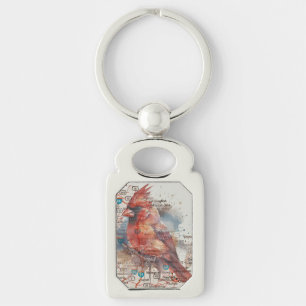 Cardinal on Virginia Road Map Watercolor Art Key Ring