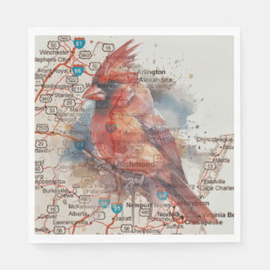 Cardinal on Virginia Road Map Watercolor Art Napkin
