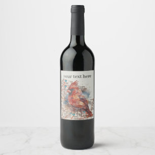 Cardinal on Virginia Road Map Watercolor Art Wine Label