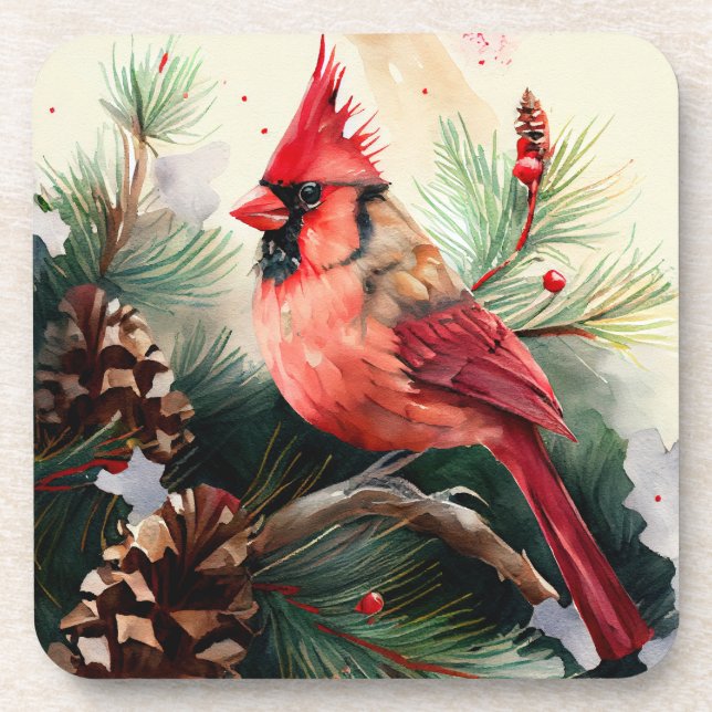 Cardinal Perched in Evergreen Tree with Pinecones Coaster (Front)