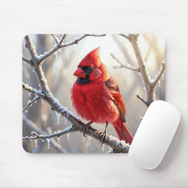 Cardinal Perched on Winter Branch with Icicles Mouse Pad (With Mouse)