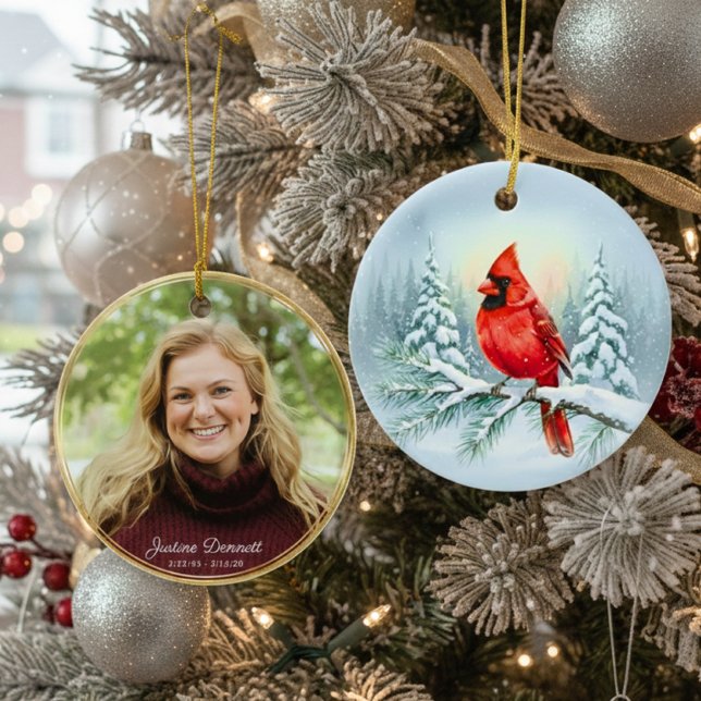 Cardinal Photo Memorial Custom Christmas in Heaven Ceramic Ornament (Cardinal Christmas Ornament, Personalized Picture Gift)