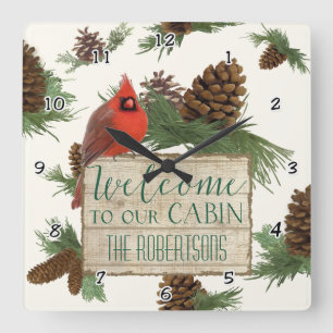 Cardinal Pine Cone Cabin Welcome Sign Personalised Square Wall Clock