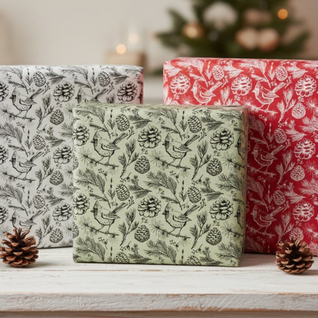 Cardinal, Pinecones, Pine Needles & Winter Berries Wrapping Paper Sheet (Festive Xmas Cardinal Wrapping Paper for Christmas. Elegant Cardinal Winter Bird on a Pine Branch)