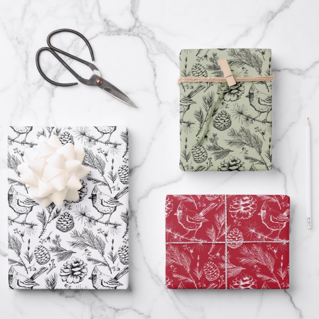 Cardinal, Pinecones, Pine Needles & Winter Berries Wrapping Paper Sheet (Front)