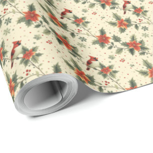 Cardinal Poinsettia Holiday Christmas Gift Wrap