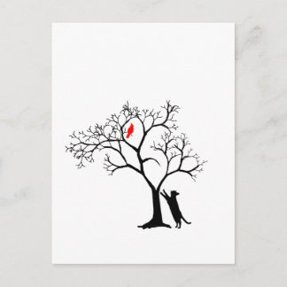 Cardinal Red Bird in Snowy Winter Tree & Cat Postcard