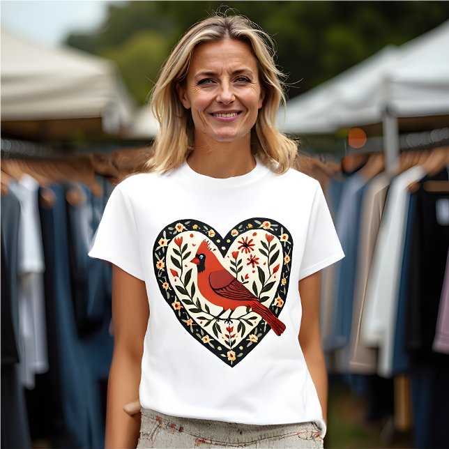 Cardinal (Red Bird) Lover - Folk Art Style T-Shirt (Folk Art Red Bird (Cardinal) in  Red Heart T-Shirt| Bird Lover's )