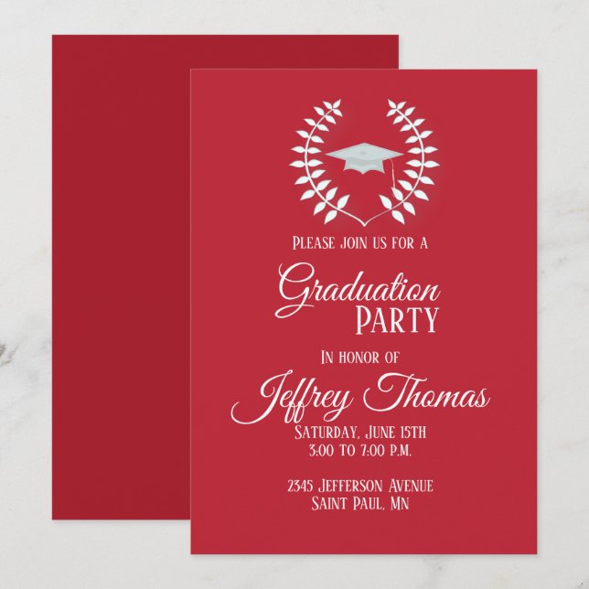 Cardinal Red Cap & Leaves Grad Invitation 5" x 7" (Front/Back)