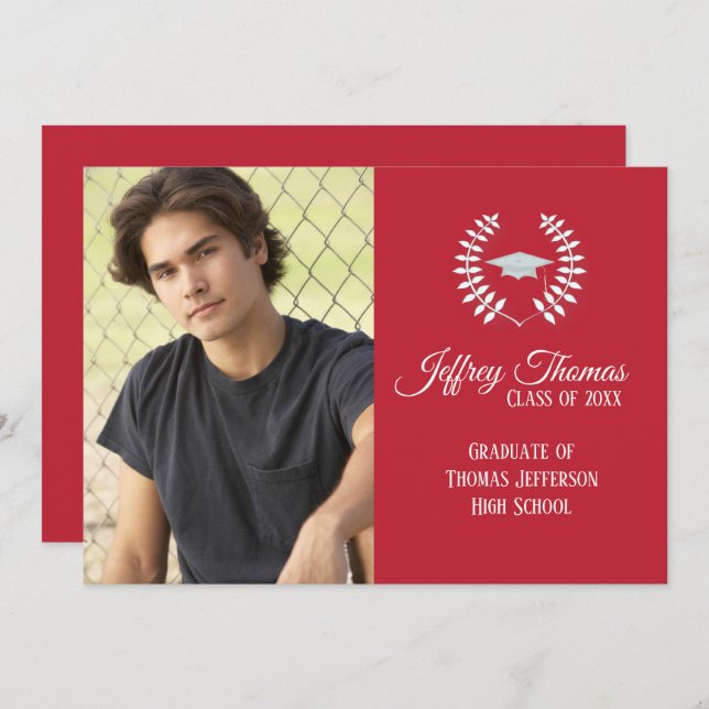 Cardinal Red Cap & Leaves Grad Invitation 5" x 7" (Front/Back)