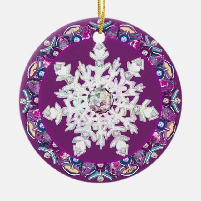 Cardinal red rosace & snowflake ceramic ornament (Front)