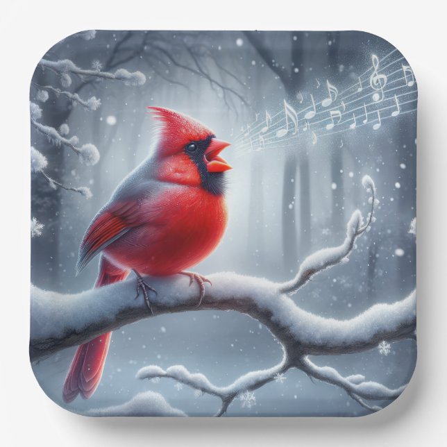 Cardinal Singing With Musical Notes Paper Plate (Front)