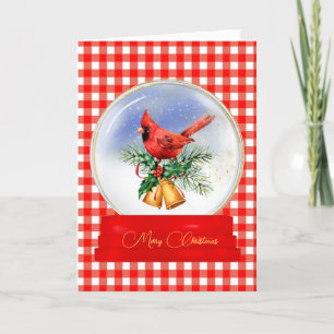 Cardinal Snow Globe on Red Gingham Christmas Card
