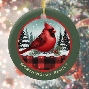 Cardinal Snow n Buffalo Plaid Family Name Monogram Ceramic Ornament