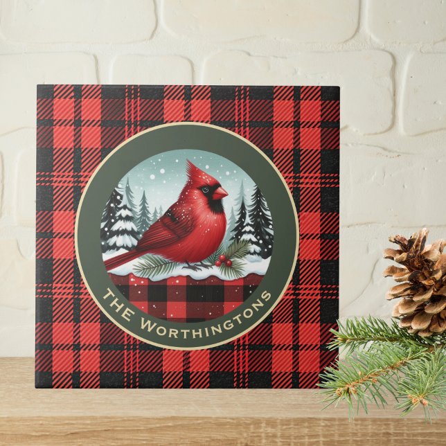 Cardinal Snow n Buffalo Plaid Family Name Monogram Ceramic Tile (Creator Uploaded)