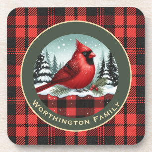 Cardinal Snow n Buffalo Plaid Family Name Monogram Coaster