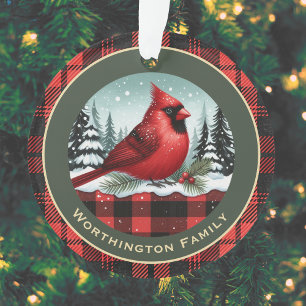 Cardinal Snow n Buffalo Plaid Family Name Monogram Ornament