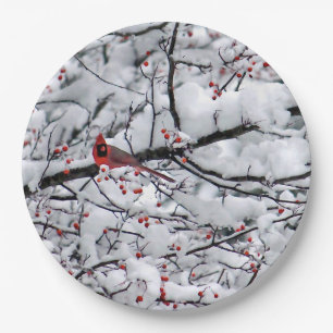 Cardinal Snow Tree Photo Paper Plate