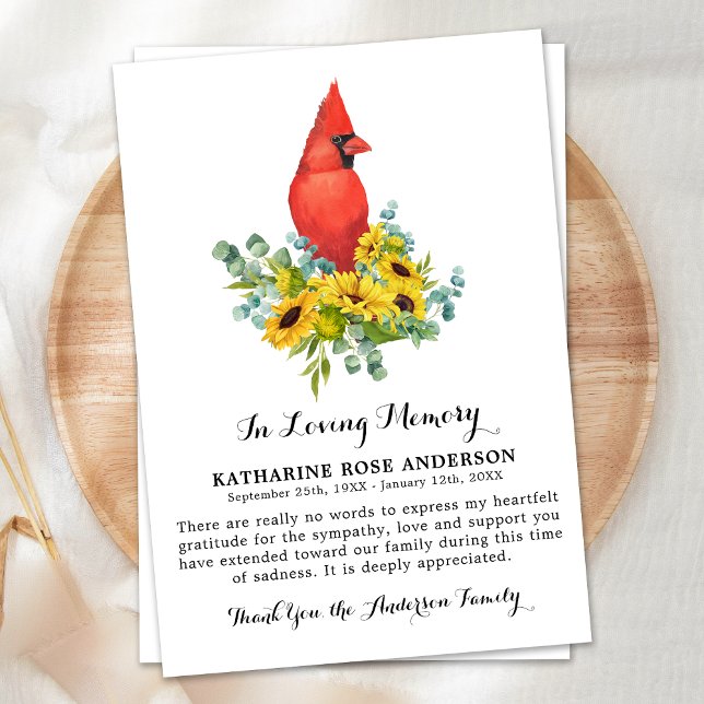 Cardinal Sunflowers Modern Funeral Memorial Thank You Card (Creator Uploaded)