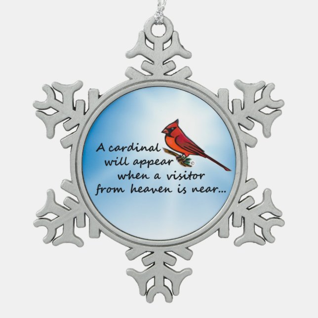Cardinal, Visitor from Heaven Snowflake Pewter Christmas Ornament (Front)
