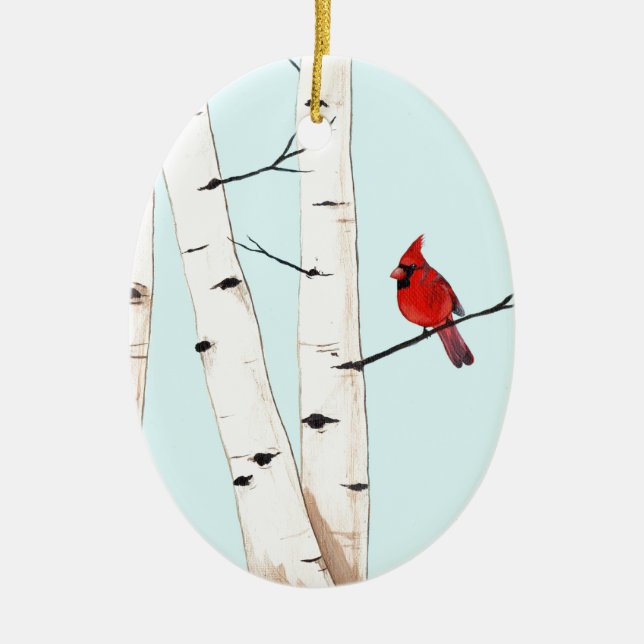 Cardinal with Birch Trees Ceramic Ornament (Front)