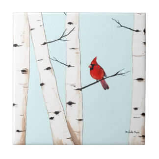 Cardinal with Birch Trees Ceramic Tile