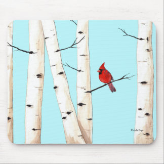 Cardinal with Birch Trees Mouse Pad