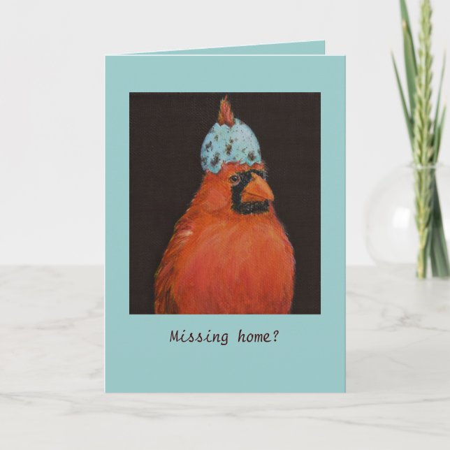 Cardinal with egg hat, Missing home? card (Front)